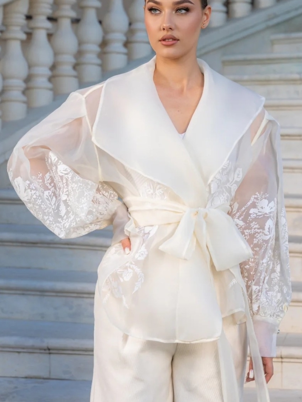 Ivory Sheer Floral-Embroidered Wrap Blouse with Tie Waist